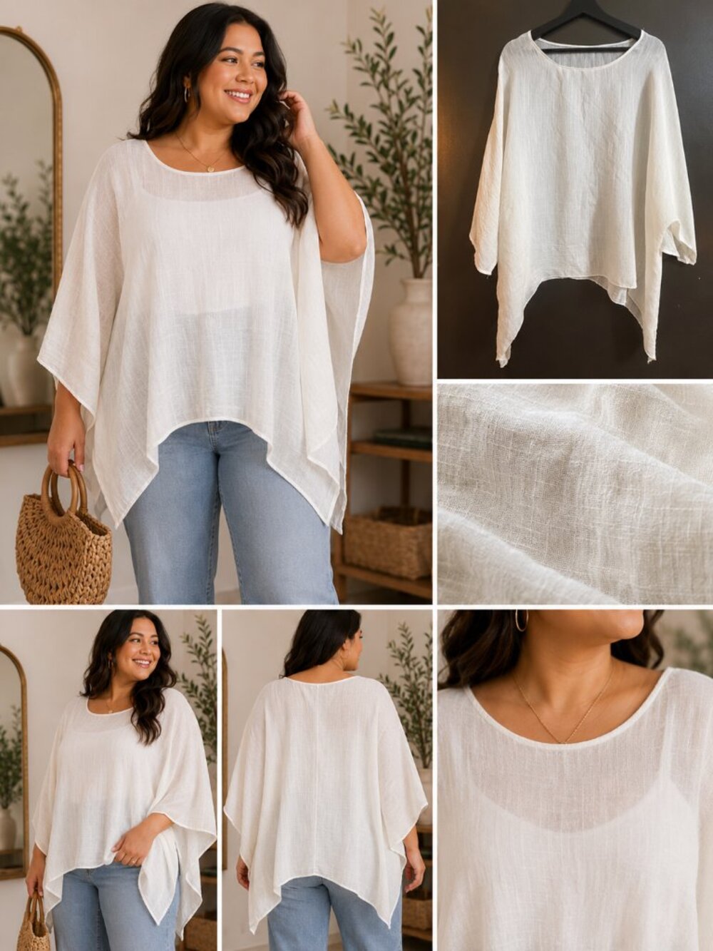 Boho Gauze Poncho Blouse | Ivory Oversized Tunic | Plus Size 2X